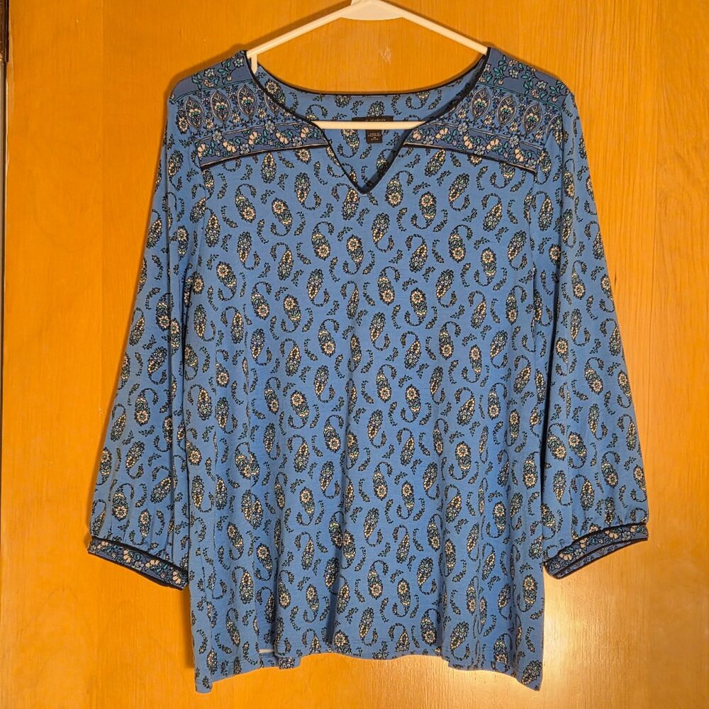 J Jill Petite Wearever Collection Top Size MP Blue Floral Paisley Boho Coastal